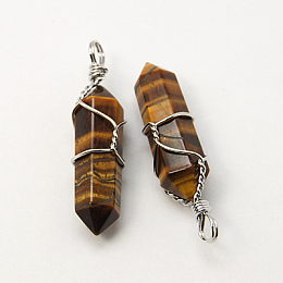 Honeyhandy Natural Tiger Eye Double Terminated Pointed Pendants, with Brass Pendant Settings, Faceted, Bullet, Platinum Metal Color, 35~45x10~13mm, Hole: 3mm