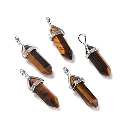 Honeyhandy Natural Tiger Eye Pendants, Faceted, with Platinum Tone Brass Findings, Lead free & Cadmium Free, Bullet, 27~30x9~10x7~8mm, Hole: 4x3mm