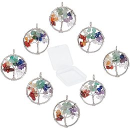 SUNNYCLUE 8Pcs Tree Life Pendant Quartz Crystal Gemstone Pendant Flat Round with Tree of Life Charm Pendants Findings Hole for Jewelry Bracelet Chakra Necklace Making, Sliver