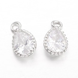 Honeyhandy Teardrop Brass Cubic Zirconia Charms, Platinum, 12x7x3.5mm, Hole: 1.5mm