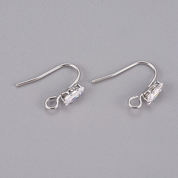 Honeyhandy Brass Earring Hooks, Ear Wire, with Clear Cubic Zirconia and Horizontal Loop, Long-Lasting Plated, Real Platinum Plated, 16x13x3.5mm, Hole: 2mm, Pin: 0.8mm