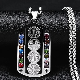 Honeyhandy 304 Stainless Steel Colorful Rhinestone Rectangle with Saint Benedict Medal Pendant Necklaces, Box Chains Necklace for Women Men, Stainless Steel Color, 23.19 inch(58.9cm)