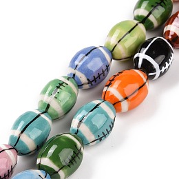 Handmade Procelain Beads Strands, Rugby, Colorful, 16x11mm, Hole: 1.6mm, about 22pcs/strand, 13.98''(35.5cm)