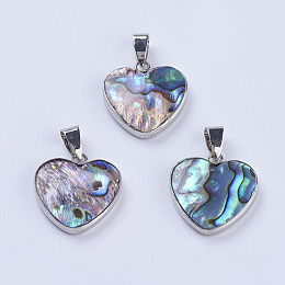 Honeyhandy Abalone Shell/Paua Shell Pendants, with Platinum Tone Brass Bail, Heart, 25x21.5x3.5mm, Hole: 4.5x7.5mm