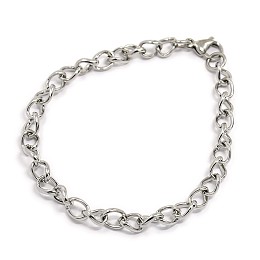 Honeyhandy Tarnish Resistant Fashionable 304 Stainless Steel Side Twisted Chain Bracelets, with Lobster Claw Clasps, Stainless Steel Color, 7/8 inch(22cm)