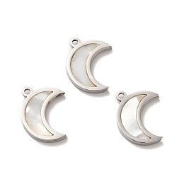 Honeyhandy 304 Stainless Steel Pendants, Crescent Moon Charms, with Shell, Stainless Steel Color, 16x13x2mm, Hole: 1.4mm