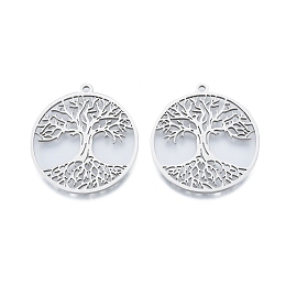 Honeyhandy 201 Stainless Steel Pendant, Hollow Charms, Flat Round with Tree of Life, Stainless Steel Color, 38x35x1.5mm, Hole: 2mm