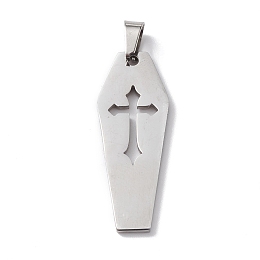 Honeyhandy 304 Stainless Steel Pendants, Laser Cut, Coffin with Cross Charm, Stainless Steel Color, 30x11x1mm, Hole: 3x5mm