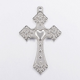 Honeyhandy 304 Stainless Steel Pendants, Cross with Heart, Stainless Steel Color, 50x31x3mm, Hole: 2.5mm