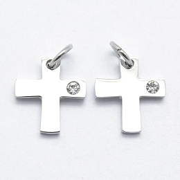 Honeyhandy 316 Surgical Stainless Steel Tiny Cross Charms, with Cubic Zirconia, Long-Lasting Plated, Clear, Stainless Steel Color, 12x11x2mm, Hole: 3mm