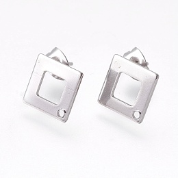 Honeyhandy 304 Stainless Steel Stud Earring Findings, Square/Rhombus, Stainless Steel Color, 13.5x13.5x0.8mm, Hole: 1mm, Pin: 0.7mm