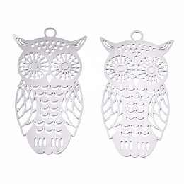 Honeyhandy 201 Stainless Steel Filigree Pendants, Etched Metal Embellishments, Owl, Stainless Steel Color, 36x20x0.3mm, Hole: 2mm