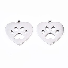 Honeyhandy 201 Stainless Steel Pet Pendants, Laser Cut Pendants, Heart with Dog Footprint, Stainless Steel Color, 15x14.5x1mm, Hole: 1.4mm