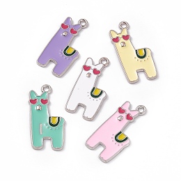 Honeyhandy Alloy Enamel Pendants, Light Gold, Alpaca Charm, Platinum, Mixed Color, 27.5x13x1mm, Hole: 1.8mm