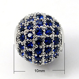 Honeyhandy Brass Cubic Zirconia Beads, Round, Medium Blue, Platinum Metal Color, 10mm