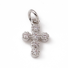 Honeyhandy Brass Micro Pave Clear Cubic Zirconia Charms, with Open Jump Rings, Religion Cross, Platinum, 12x7.5x2mm, Jump Ring: 4.5x0.7mm, Inner Diameter: 3mm