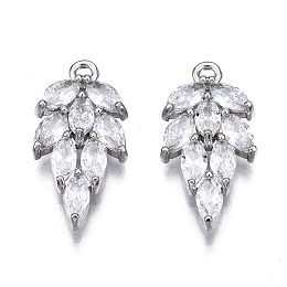 Honeyhandy Brass Inlaid Clear Cubic Zirconia Pendants, Leaf, Platinum, 19x9x3.5mm, Hole: 1.2mm