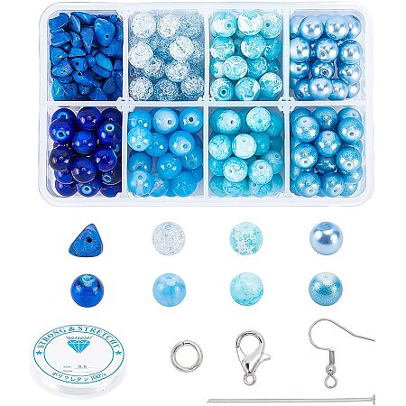 Pandahall Elite Jewelry Making Kit, 175pcs 8mm Blue Series Glass Beads 80pcs Gemstone Beads Flat Head Pins Earring Hooks Open Jump Rings Lobster Claw Clasps Clear Elastic Thread for Jewelry Making