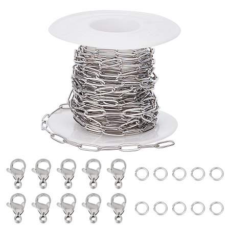 SUNNYCLUE DIY Chain Bracelet Necklace Making Kit, Including 304 Stainless Steel Paperclip Chains & Jump Rings & Clasps, Stainless Steel Color, Chains: 10x3x0.5mm, 5M/set