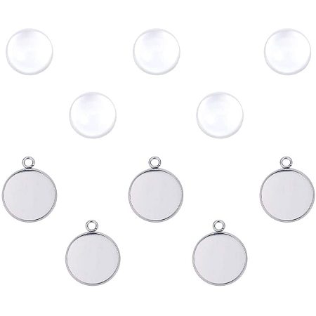 UNICRAFTALE 5 Sets DIY Pendant Making, 20mm Stainless Steel Pendants with Glass Cabochon, Flat Round Clear Cabochon Pendant Set for DIY Pendant Necklace Making, Hole 3mm
