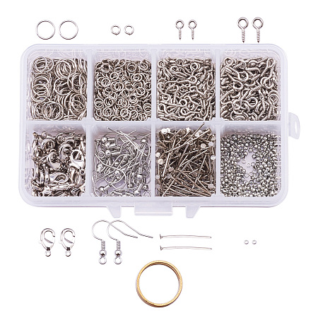 PandaHall Elite 1631 Pieces Jewelry Making Kit with Jump Rings, Screw Eye Pin Bail Peg, Headpins, Lobster Claw Clasps, Earring Hooks, Crimp Beads and Assistant Ring, Platinum Color