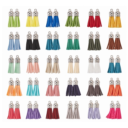 Honeyhandy 60Pcs 30 Colors Faux Suede Tassel Pendant Decorations, with CCB Plastic Cord Ends, Platinum, 33~35x10mm, Hole: 2.5mm, 2pcs/color