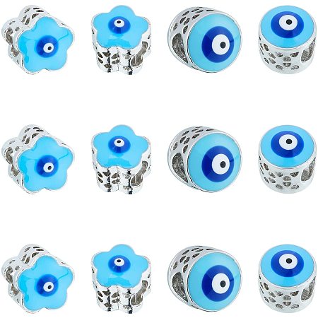NBEADS 12 Pcs Evil Eye European Beads, 2 Styles Blue Brass Large Hole European Beads Enamel Evil Eye Charms Rondelle Spacer Beads for Bracelet Jewelry Making