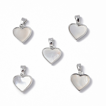 Honeyhandy Brass Charms, with Freshwater Shell, Nickel Free, Heart Charm, Platinum, 12x11.5x3mm, Hole: 5x3mm