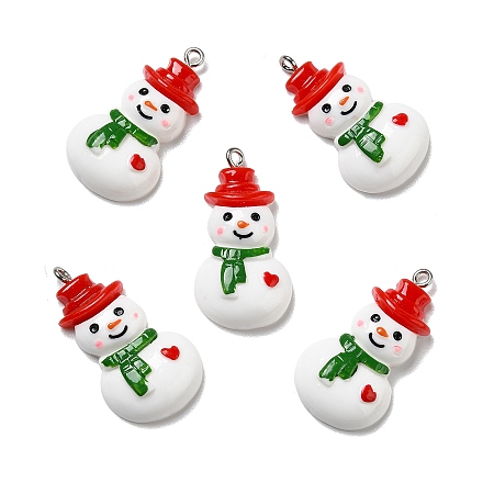 Honeyhandy Opaque Resin Pendants, with Platinum Tone Iron Loops, Christmas Theme, Snowman, White, 33.5x19x6.5mm, Hole: 2mm