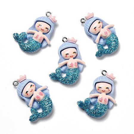 Honeyhandy Opaque Resin Pendants, with Glitter Powder and Platinum Tone Iron Loops, Mermaid, Deep Sky Blue, 34x20.5x6mm, Hole: 2mm