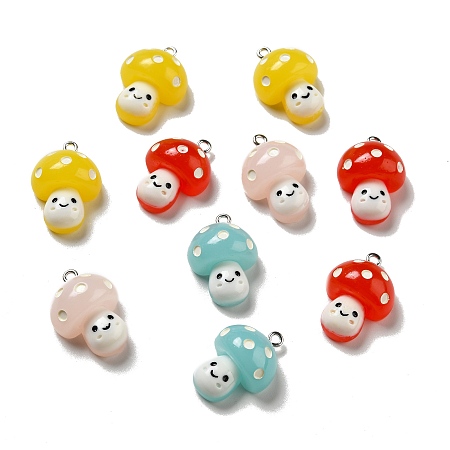 Honeyhandy Opaque Resin Pendants, with Platinum Tone Iron Loops, Mushroom with Smiling Face Charm, Mixed Color, 25x17.5x11mm, Hole: 1.8mm