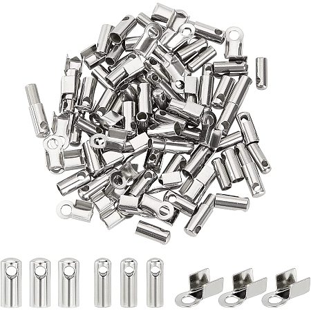 Arricraft 120 Pcs 304 Stainless Steel Cord Ends, Jewelry Making Caps, Fold Over Crimp and Glue-in Fasteners for Jewelry Making-Stainless Steel Color