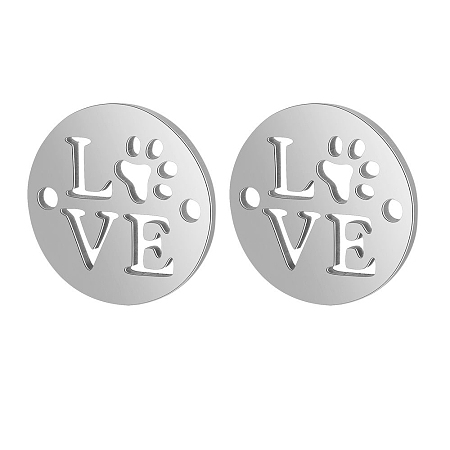 Honeyhandy 304 Stainless Steel Links connectors, Laser Cut, Flat Round with Dog Paw Prints and Word Love, Stainless Steel Color, 11.5x1mm, Hole: 1.5mm