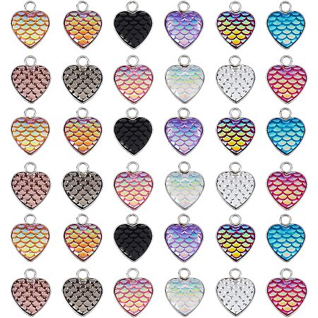 SUPERFINDINGS 36Pcs Mermaid Fish Scale Charms Pendent 12 Colors Mermaid Connector Charm Shinny Heart Shape Charms with Stainless Steel Finding for Necklace Bracelet Jewelry Making