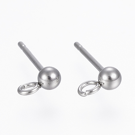 304 Stainless Steel Stud Earring Findings, with Loop, Round, Stainless Steel Color, 14x3mm, Hole: 2mm; Pin: 0.8mm
