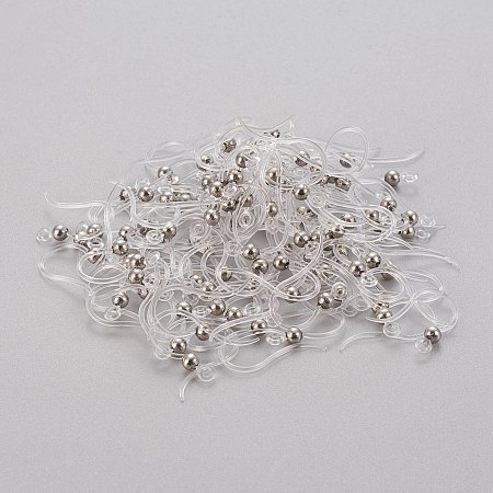 Honeyhandy Eco-Friendly Plastic Earring Hooks, with 304 Stainless Steel Beads and Horizontal Loop, Round, Stainless Steel Color, 15.5x8x0.7mm, Hole: 1.2mm, Pin: 0.5mm
