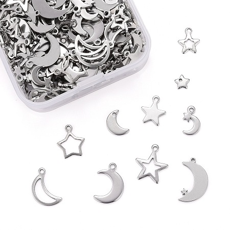 ARRICRAFT 200Pcs/Box 10 Style 304 Stainless Steel Charms, Moon & Star, Stainless Steel Color, 20pcs/style