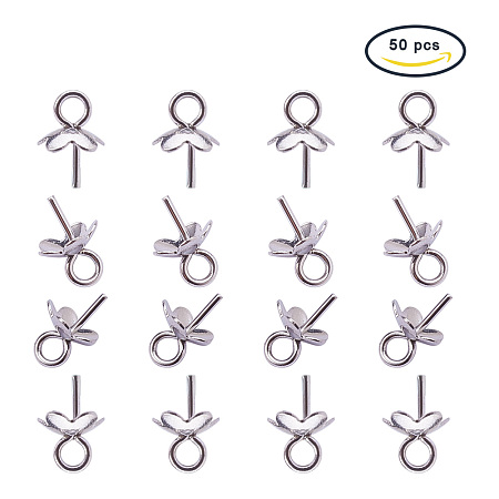 PandaHall Elite 7x6mm 304 Stainless Steel Flower Pinch Bails For Half-drilled Beads Charms Jewelry Findings, about 50pcs/box