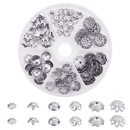 PandaHall Elite About 180 Pcs 304 Stainless Steel Flower Bead Caps 6 Styles Jewelry Making