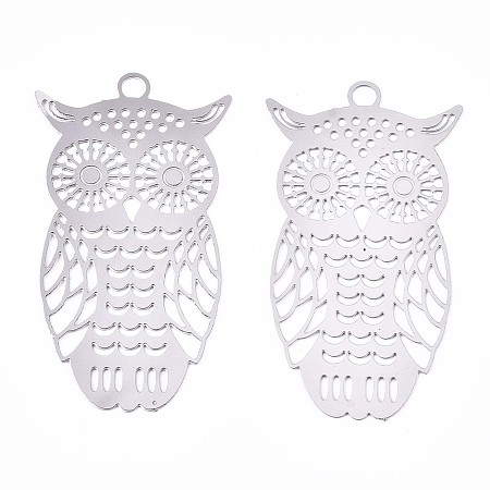 Honeyhandy 201 Stainless Steel Filigree Pendants, Etched Metal Embellishments, Owl, Stainless Steel Color, 36x20x0.3mm, Hole: 2mm