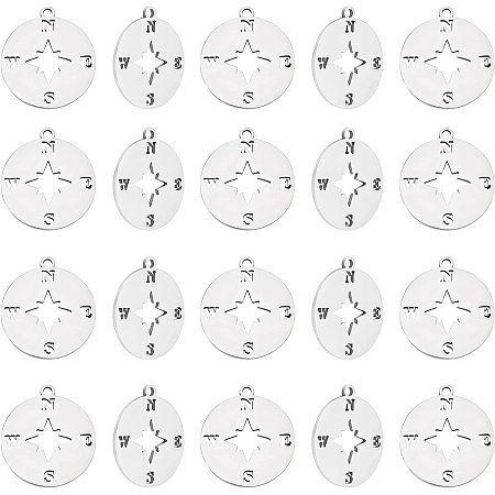 UNICRAFTALE 20pcs Flat Round Compass Charms 201 Stainless Steel Pendant Steel Color Flat Round Charms for DIY Necklace Bracelet Making Hole: 1.4mm