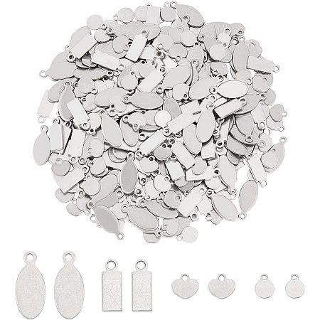 UNICRAFTALE About 400pcs Rectangle/Flat Round/Oval/Heart Charms Stainless Steel Pendants Metal Flat Smooth Pendant for DIY Jewelry Making Stainless Steel Color 1mm Hole
