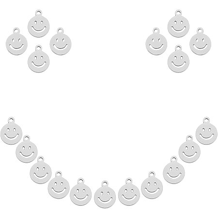 UNICRAFTALE 30pcs 3 Colors Flat Round with Smile Pendant Stainless Steel Expression Happy Charms Hollow Smile Face Pendant for Jewelry Making Stainless Steel Color 0.8mm Hole