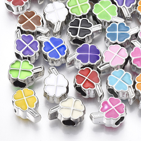 Arricraft UV Plating Acrylic European Beads, with Enamel, Large Hole Beads, Four Leaf Clover, Mixed Color, Platinum, 12x8.5x6.5mm, Hole: 4mm