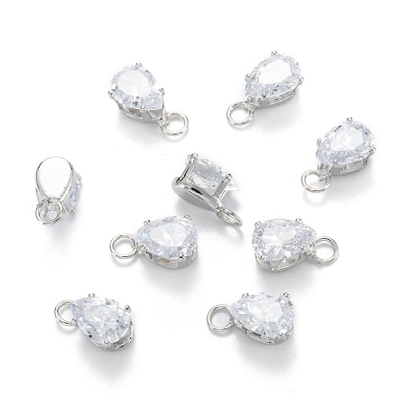 Honeyhandy Brass Clear Cubic Zirconia Charms, Long-Lasting Plated, Teardrop, Platinum, 9.5x5x4.5mm, Hole: 2mm