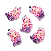 Honeyhandy Opaque Resin Pendants, with Glitter Powder and Platinum Tone Iron Loops, Mermaid, Hot Pink, 34x22x6.5mm, Hole: 2mm