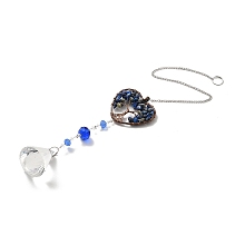 Honeyhandy Lapis Lazuli Pendant Decoration, Hanging Suncatcher, with Brass Rings, Heart Alloy Frame and Iron Findings, Teardrop, Blue, 401x2mm, Hole: 10mm