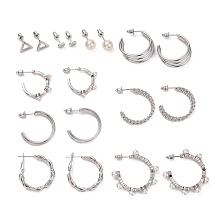 ARRICRAFT Ring & Triangle & Round Stud Earrings, Resin Pearl Beads Half Hoop Earrings, Open Hoop Earrings for Women, Platinum, 6~36x3~12mm, Pin: 0.8~0.9mm, 9 pairs/set