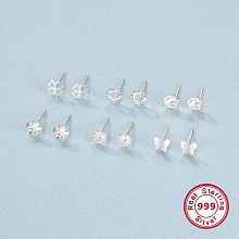 Honeyhandy 6 Pairs 6 Style 999 Fine Silver Stud Earrings Sets for Women, Hollow Clover & Star & Flower & Butterfly, Platinum, 4.5~6mm, 1 Pair/style