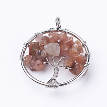 Honeyhandy Natural Agate Pendants, with Brass Findings, Flat Round with Tree of Life, Platinum, 29x5~7mm, Hole: 4.5mm